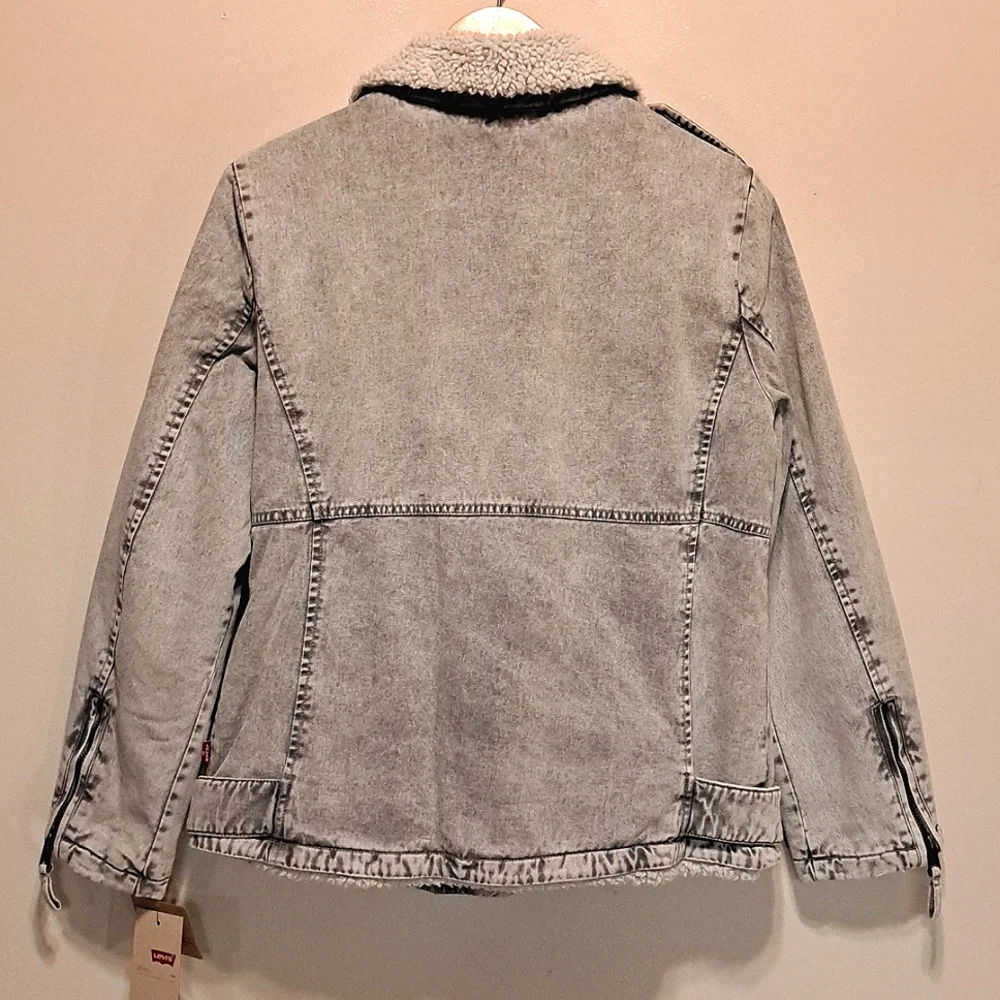 Levi's Washed Grey Denim-Sherpa Fall/Winter Biker Jacket/Coat Size M - Picture 6 of 15